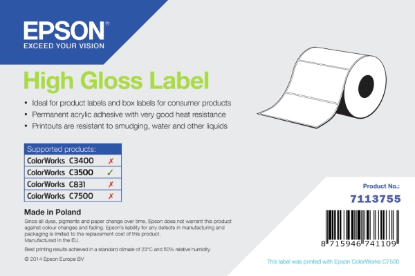 Epson High Gloss Label, Itse kiinnittyvä tulostintarra, Stanssausmerkintä, Rulla, Mustesuihku, Akryyli, Kiinteä
