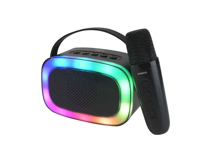 Streetz Karaokehøyttaler med trådløs mikrofon, 5W, BT 5.3, svart, 5 W, Trådløs, 10 m, USB Type-C, Bærbar monohøyttaler, Sort