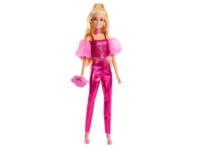 Pink Barbie-dukke med glittertop og skinnende bukser