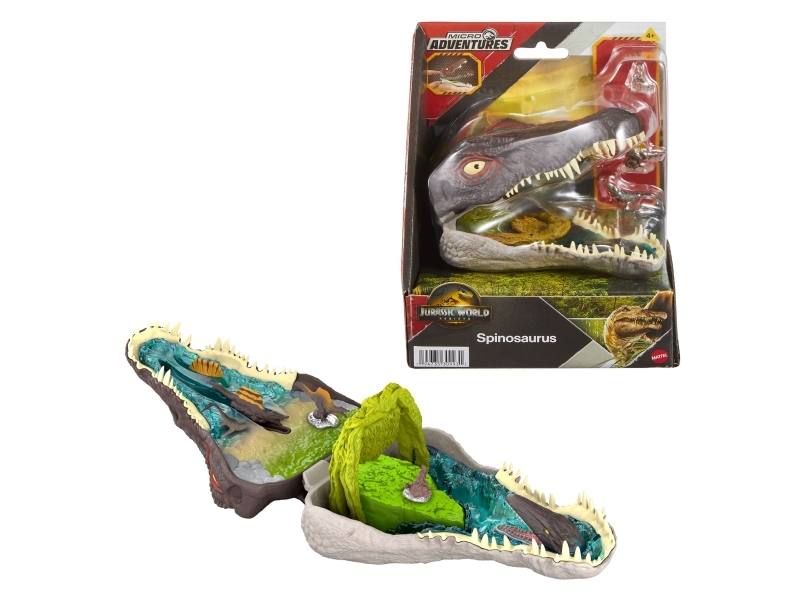Jurassic World Rebirth Micro Adventure-legesæt – Spinosaurus-hoved, interaktive funktioner og figurer, 4 År, Brun, Grå, Plast