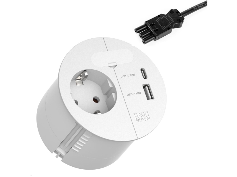Bachmann Loop In Charge, Type F + Usb A + Usb C, Cee 7/3, 2P, Skruer, Indbygget, Hvid