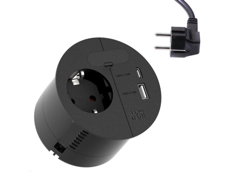 Bachmann Loop In Charge, Type E + Usb A + Usb C, Cee 7/3, 2P, Indbygget, Sort, Ip20