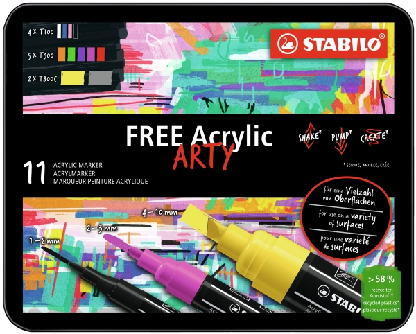 Stabilo Free Acrylic, 11 Stück(E), Schwarz, Blau, Karmin, Dunkles Grau, Grün, Lila, Orange, Pink, Violett, Weiß, Gelb, 14 Jahr(E), Rund, 1 Mm, 1 Cm