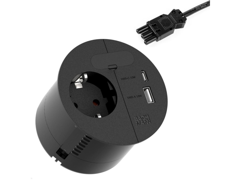 Bachmann Loop In Charge, Type F + Usb A + Usb C, Cee 7/3, 2P, Skruer, Indbygget, Sort