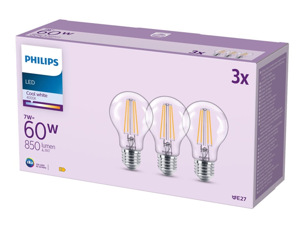 Philips LED Classic - LED-glödlampa - form: A60 - klar finish - E27 - 7 W (motsvarande 60 W) - klass E - svalt vitt ljus - 4000 K (paket om 3) | Belysning - Ljuskälla - E27 Ljuskälla | GameStuff