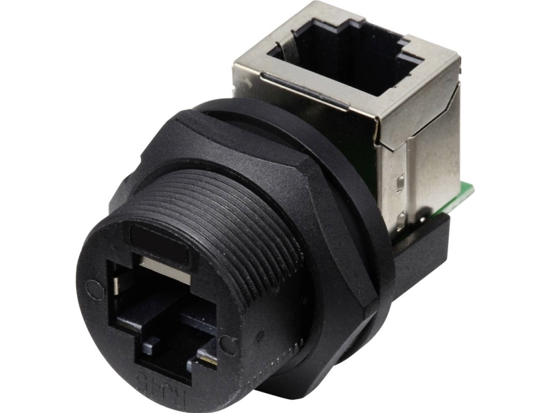 Tru Components Tc-E13t-Fr6-Prf-90 Rj45-Stik Til Tilslutning (90°) På Bagsiden Monteret Stik Ip67 (Med Gevind) Tc-13543660 Pol-Tal (Rj) 8 Sort 1 Stk