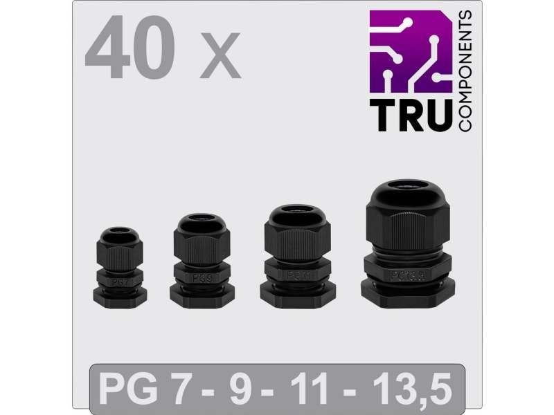 TRU COMPONENTS TC-13448348 Kaapeliläpivienti PG7, PG9, PG11, PG13.5 Polyamidi Musta 40 kpl