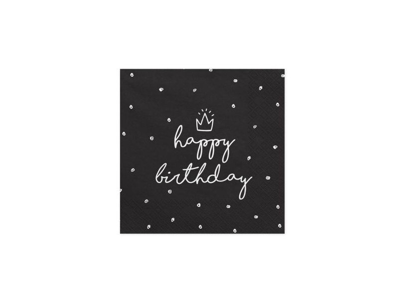 Sorte Happy Birthday Servietter, 20 Stk
