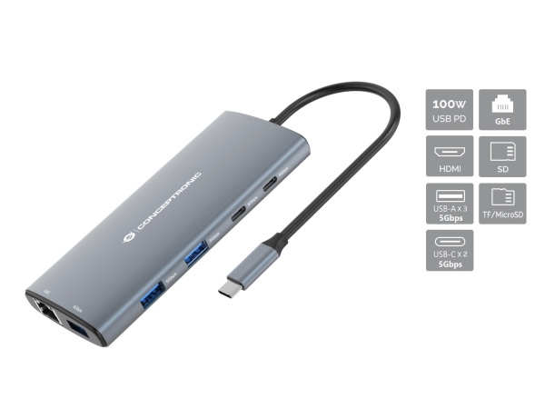 Conceptronic Donn06g, Ledningsført, Usb 3.2 Gen 1 (3.1 Gen 1) Type-C, 100 W, 10,100,1000 Mbit/S, Grå, Microsd (Transflash), Microsdhc, Microsdxc, Sd,