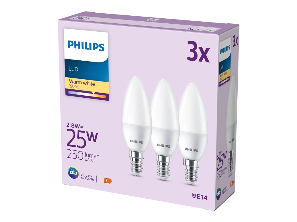 Philips Kynttilälamppu ja Lustre, 2,8 W, 25 W, E14, 250 lm, 15000 h, Lämmin valkoinen