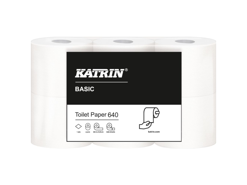 Toalettpapper, Katrin Basic, 1-lagers, 80m x 9,7cm, Ø11,8cm, oblekt - (7 förpackningar x 6 rullar/kartong) | Rengöring - Avtorkning - Toalettpapper och dispensrar | GameStuff