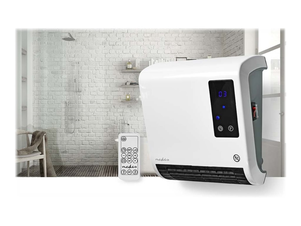 Nedis HTBA20WT, Sähkökäyttöinen lämpötuuletin, Keraaminen, 1,5 m, IP22, Sisätila, Seinä