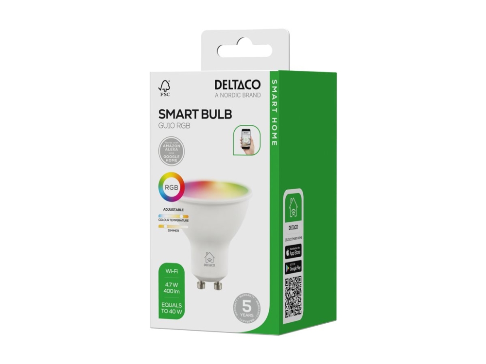 DELTACO SMART HOME - LED-spotlight - form: G10 - 4.7 W (motsvarande 40 W) - klass F - RGB/varmt vitt/kallt vitt ljus - 2700-6500 K - vit | Belysning - Ljuskälla - GU10 Ljuskälla | GameStuff
