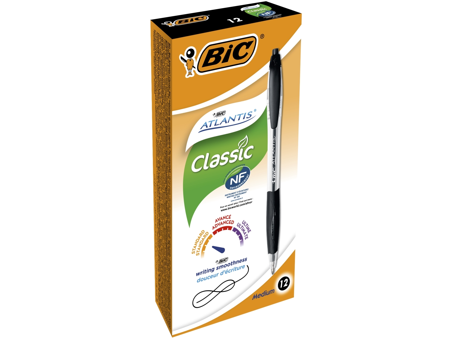 BIC Atlantis Classic, Klipsi, Kuulakärkikynä kiertomekanismilla, Musta, 12 kpl, Keskikokoinen