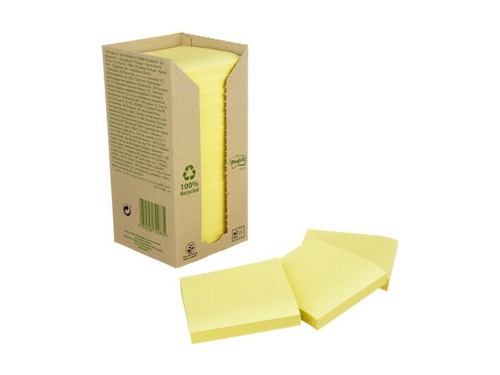 Notesblokke, Post-it 654-1T, BxL: 76 x 76 mm, genbrug, gul, pakke med 16 stk