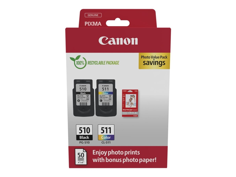 Canon Pg-510/Cl-511 Photo Paper Value Pack - Skinnende - 2 Pakker - Sort, Farve (Cyan, Magenta, Gul) - Original - 100 X 150 Mm 50 Ark Hængekasse - Bl