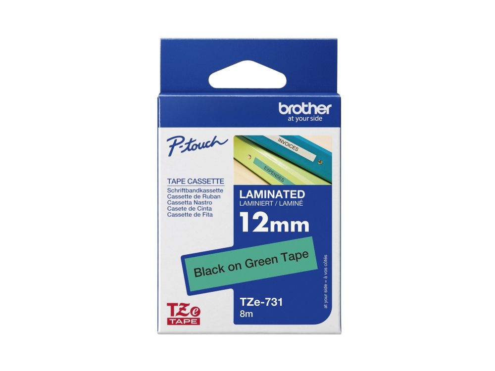 Brother Gloss Laminated Labelling Tape - 12Mm, Black/Green, Tz, China, 8 M, 124 Mm, 270 Mm, 234 Mm