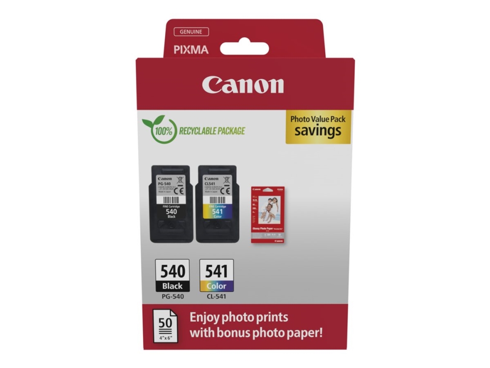 Canon Pg-540/Cl-541 Photo Value Pack - Skinnende - 2 Pakker - Farve (Cyan, Magenta, Gul), Sort - Original - 100 X 150 Mm 50 Ark Hængekasse - Blækpatr