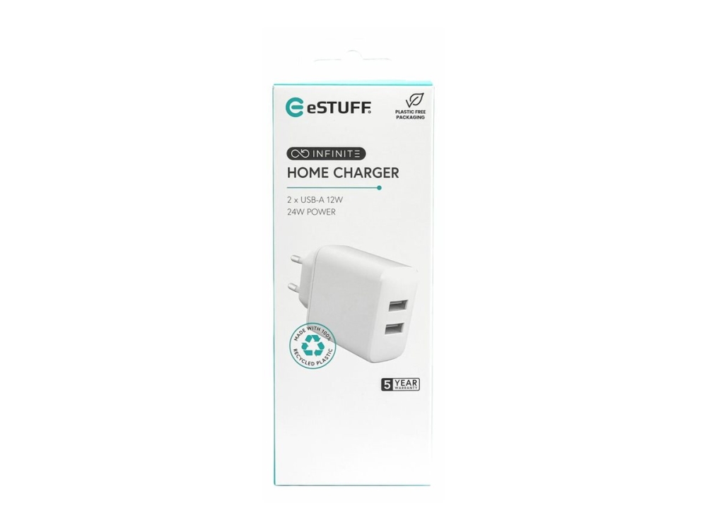 Estuff Infinite - Strømforsyningsadapter - 100 % Genbrugt Plastik - 24 Watt - 2.4 A - 2 Output-Stikforbindelser (Usb) - Hvid