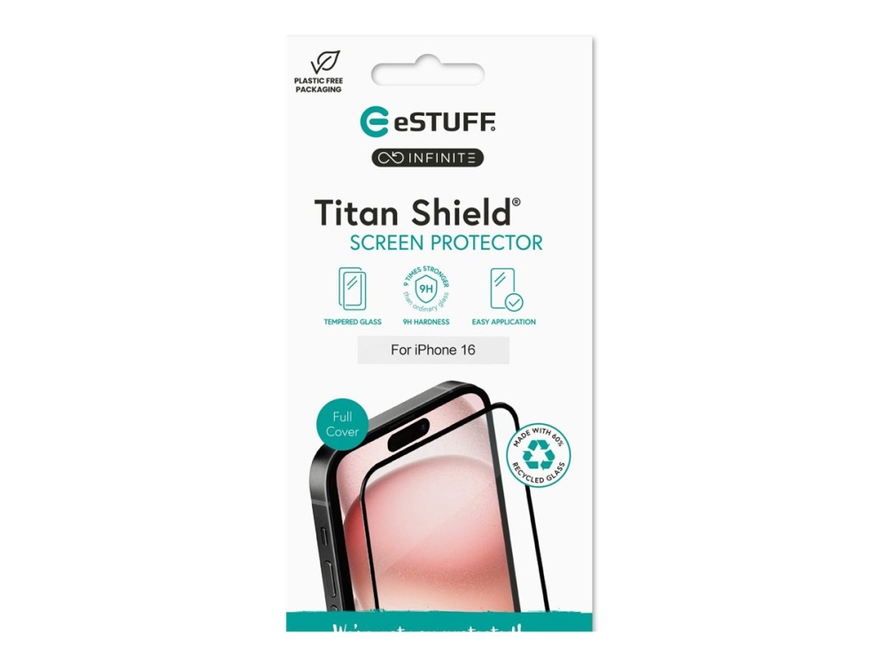 Estuff Titan Shield Infinite - Skærmbeskytter For Mobiltelefon - Fuldt Omslag - Glas - Rammefarve Sort - For Apple Iphone 16