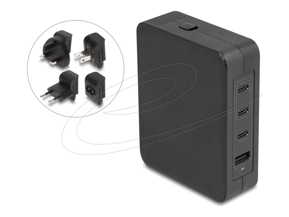 Delock - Strömadapter - GaN, 3 x USB-C PD 3.1 and 1 x USB-A with 145W power adapter EU/US/UK - AC 100-240 V - 145 Watt - utgångskontakter: 4 - svart | Datorer & Surfplattor - Bärbara tillbehör - Nätaggregat | GameStuff