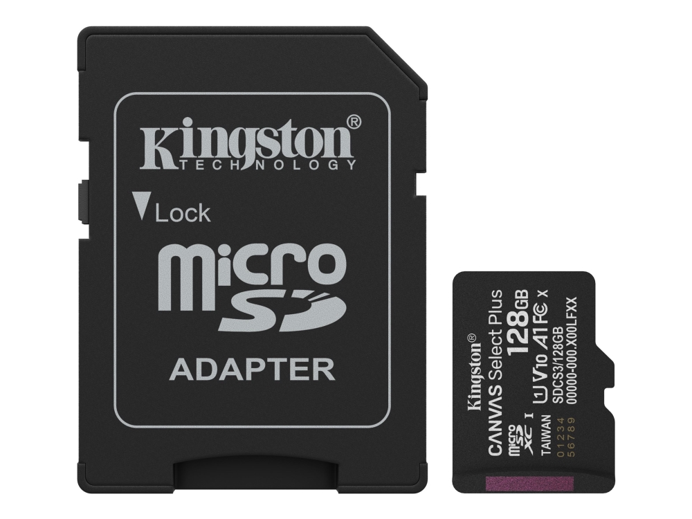 Kingston Canvas Select Plus - Flash-minneskort (microSDXC till SD-adapter inkluderad) - 128 GB - A1 / Video Class V10 / UHS-I U1 / Class10 - mikroSDXC UHS-I | Foto och video - Foto- & videotillbehör - Minneskort | GameStuff