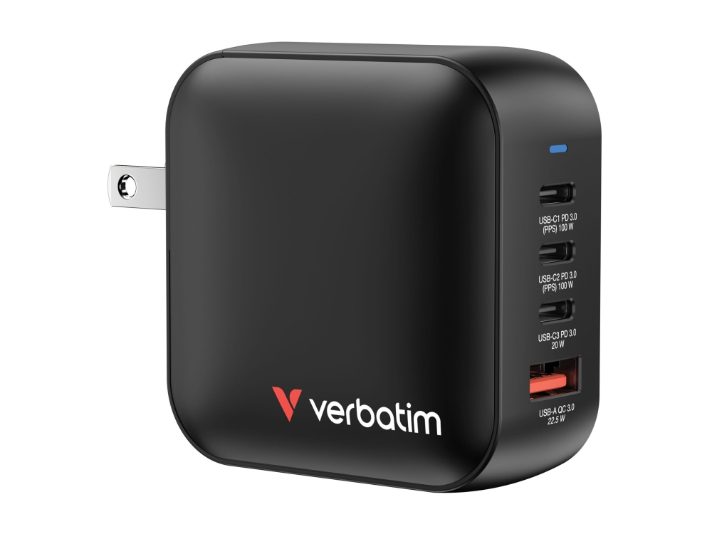 Verbatim - Strømforsyningsadapter - GaN - 100 Watt - 5 A - PD 3.0, PD/PPS, QC 4.0 - 4 output-stikforbindelser (3 x USB-C, USB)