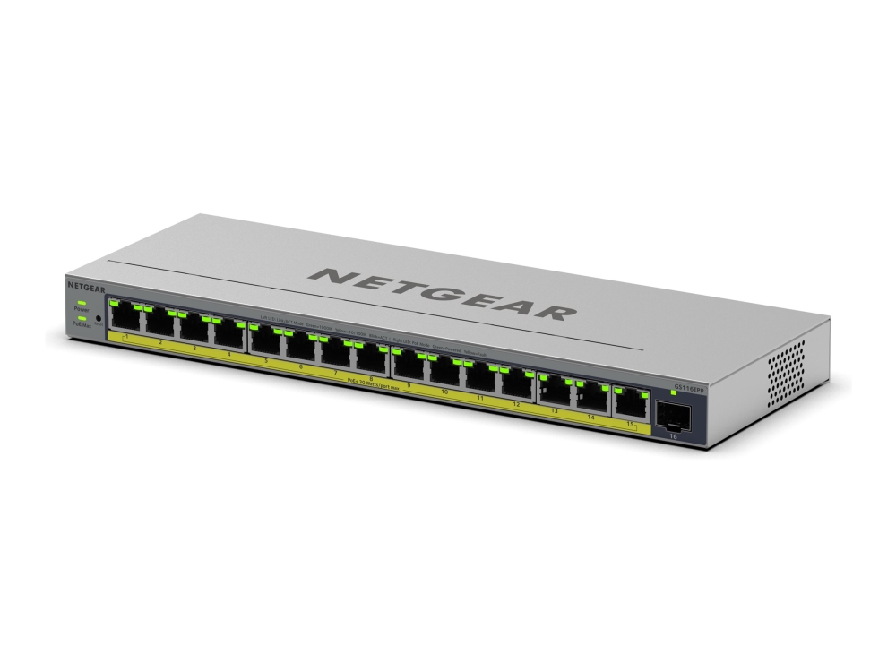 Netgear Easy Smart Gs116epp - Switch - L3 - Smart - 1 X 10/100/1000 + 15 X 10/100/1000 (Poe+) - Desktop, Væg-Monterbar - Poe+ (231 W)