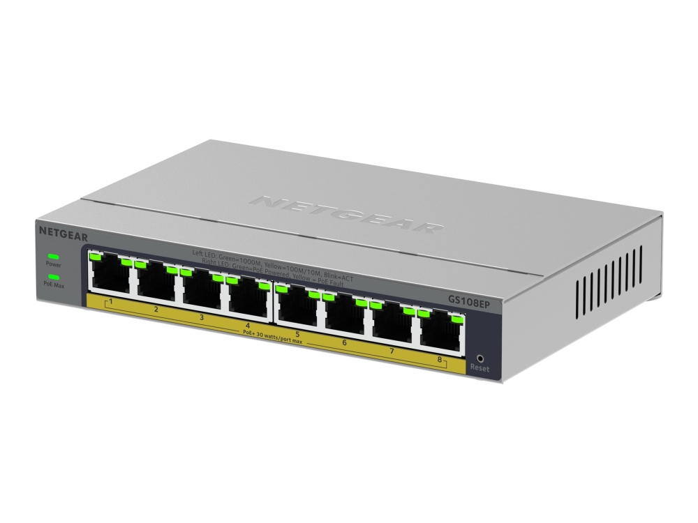 Netgear Easy Smart Gs108ep - Switch - L3 - Smart - 8 X 10/100/1000 (Poe+) - Desktop, Væg-Monterbar - Poe+ (62 W)