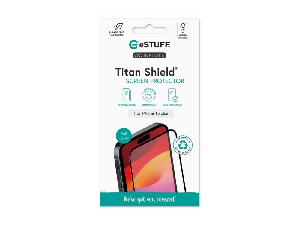 Estuff Titan Shield Infinite - Skærmbeskytter For Mobiltelefon - Fuldt Omslag - Glas - Rammefarve Sort - For Apple Iphone 15 Plus