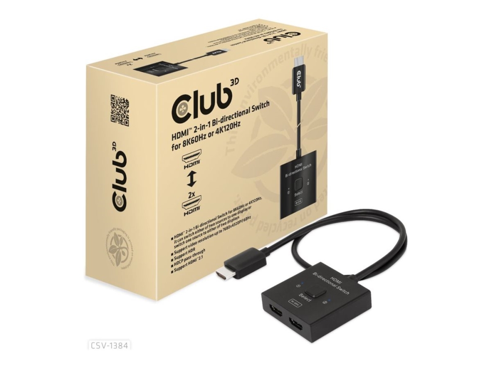Club 3D CSV-1384 - Video-/ljudomkopplare - 2-i-1, bi-riktad - 2 x HDMI - skrivbordsmodell | Datortillbehör - KVM & Switchar - Switchar | GameStuff