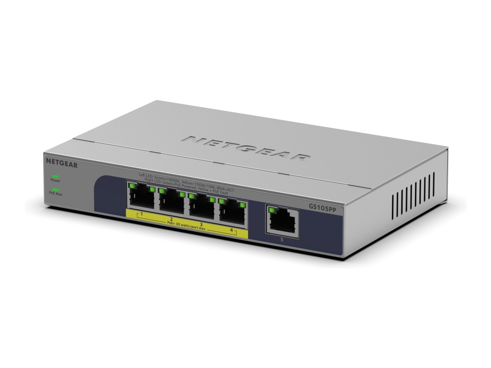 Netgear Gs105pp - Switch - Ikke Administreret - 1 X 10/100/1000 + 4 X 10/100/1000 (Poe+) - Desktop, Væg-Monterbar - Poe+ (83 W)