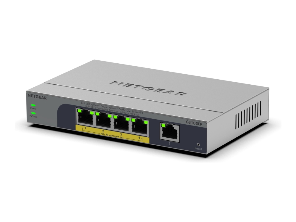 NETGEAR Easy Smart GS105EP - Switch - L3 - smart - 1 x 10/100/1000 + 4 x 10/100/1000 (PoE+) - desktop, væg-monterbar - PoE+ (63 W)