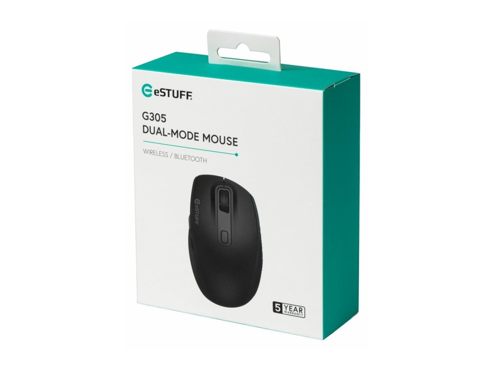 Estuff G305 - Mus - Højrehåndet - Optisk - 6 Knapper - Trådløs - 2.4 Ghz, Bluetooth 5.0 - Trådløs Modtager (Usb) - Sort