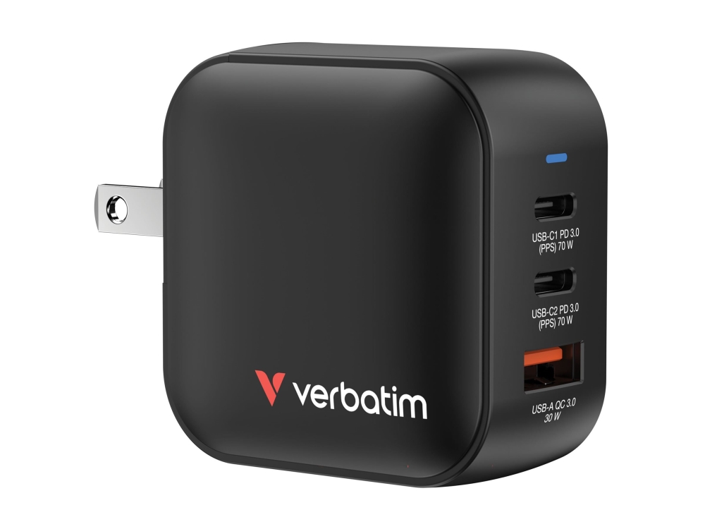 Verbatim - Strømforsyningsadapter - Gan - 70 Watt - 5 A - Pd 3.0, Pd/Pps, Qc 4.0 - 3 Output-Stikforbindelser (2 X Usb-C, Usb)