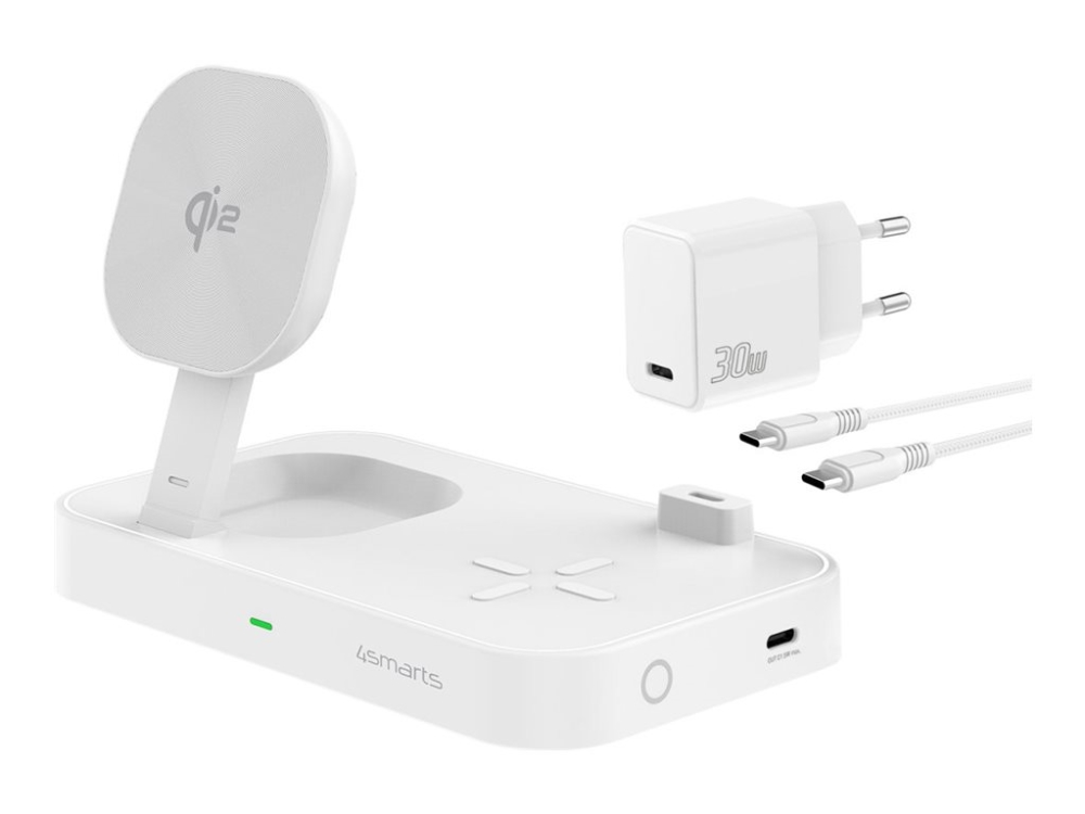 4Smarts Trident - Trådløs Opladningsstander - Qi2 + Ac-Strømadapter - 25 Watt - 1 A - 2 Output-Stikforbindelser (24 Pin Usb-C) - Hvid