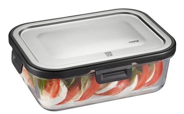 GEFU MILO, Säilö, Suorakulmainen, 1 L, Harmaa, Läpinäkyvä, Borosilikaattilasi, Muovi, Silikoni, Ruostumaton teräs, Hedelmät