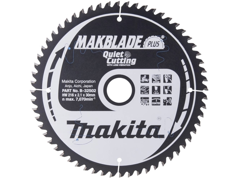 Makita T.C.T. Pjūklas Makblade Plus 216X2.1X30mm 5° T60 B-08676 T.C.T • 216 X30 Mm • T60 • 5° • Medienai
