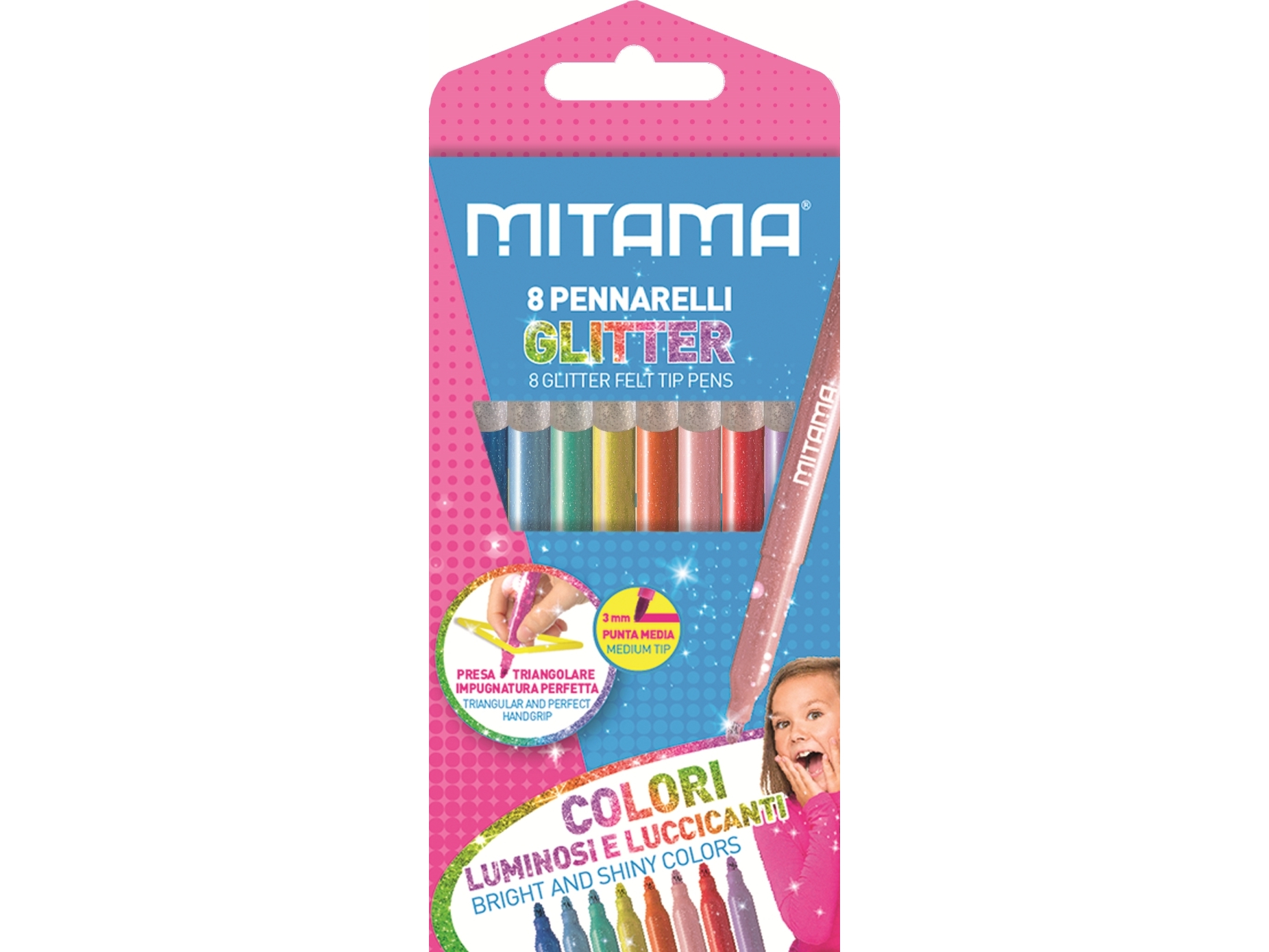 Mitama Pennarelli Glitter Pz. 8, Mellem, 8 Farver, Flerfarvet, 3 Mm, Flerfarvet, Trekant