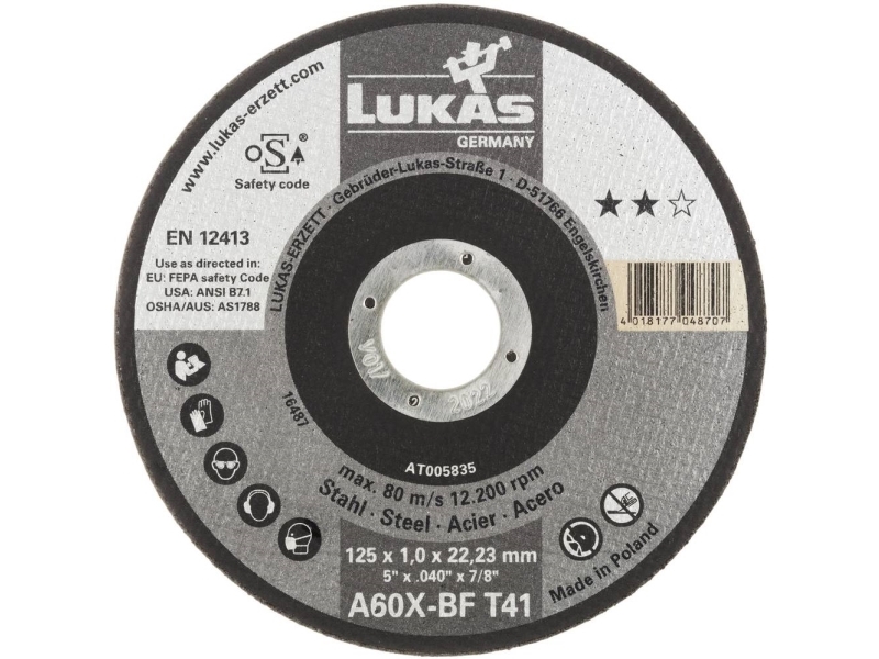 LUKAS-ERZETT T41 125x1.0x22.23 A60X-BF AT005835V9802 Leikkuukiekkosarja 125 mm 22.23 mm 50 kpl