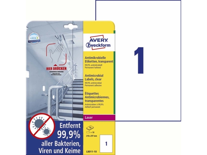Laseretiketten Avery Antimikrobiell 210X297mm Klar 1/Ark 10Ark/Pk