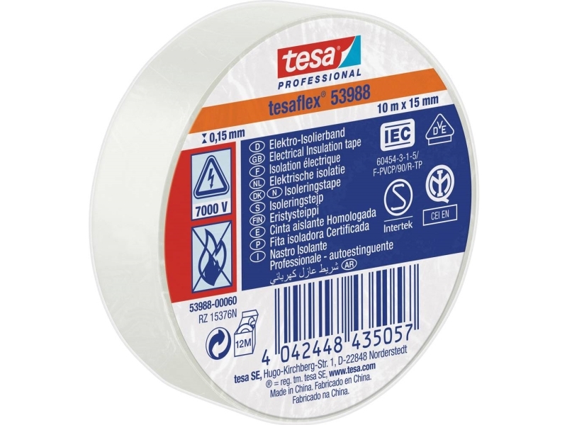 Tesa Isolierband 10Mx15mm - Tesaflex 53988 Weiß, Vde Pvc, Zum Isolieren &Amp Kennzeichnen Von Kabeln