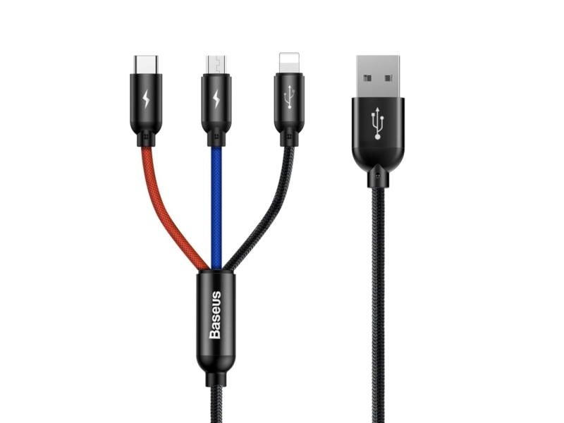 Baseus CAMLT-BSY01 3-i-1 USB-kabel 1,2 m - USB-A til 3 x USB-C, sort/rød/blå