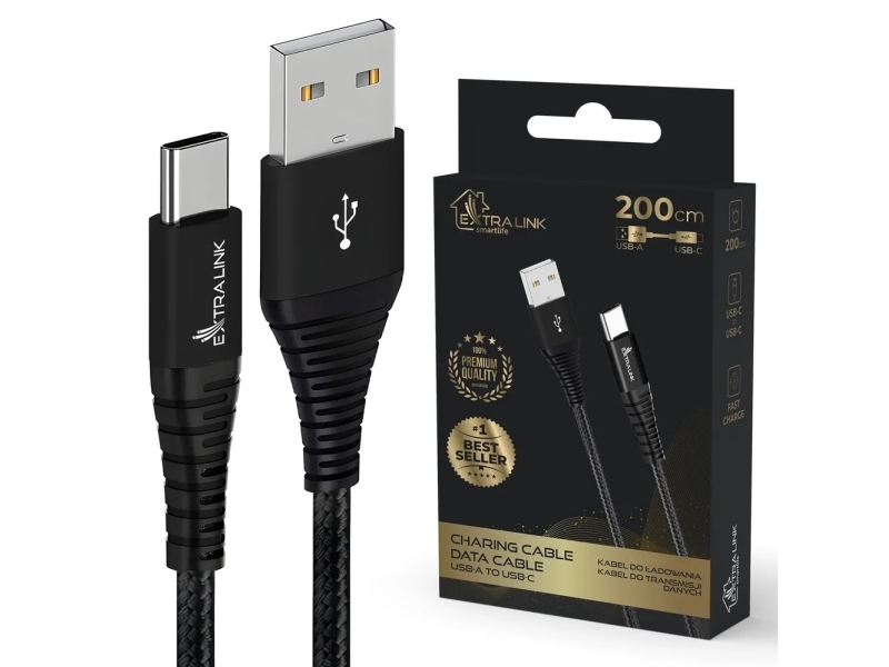 Kabel Usb Extralink Extralink Smart Life Flettet 15W Usb Type-A Til Type-C 2M Czarny | Kabel Usb | 5V 3A