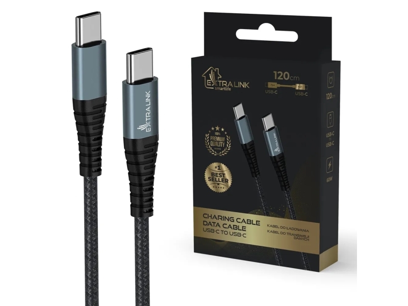 Kabel Usb Extralink Extralink Smart Life 60W, Usb-C - Usb-C 120Cm, Pvc, 5V 2.4A/3A, Szary