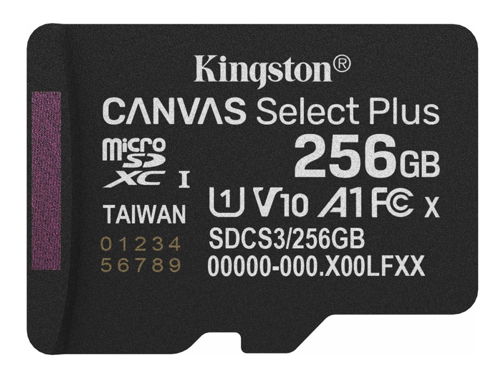 Kingston Technology 256Gb Micsdxc Canvas Select Plus Gen3 150R A1 Single Pack W/O Adp, 256 Gb, Microsdxc, Class 10, Uhs-I, 150 Mb/S, Class 1 (U1)
