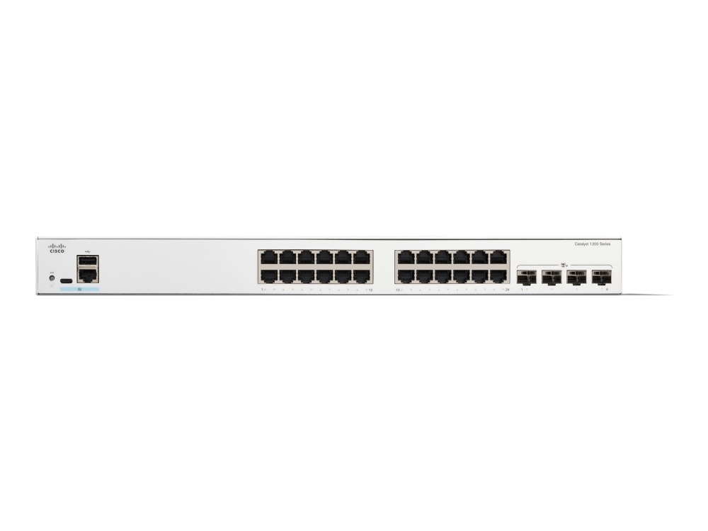 Cisco Catalyst 1200-24T-4X - Switch - L3 - smart - 24 x 10/100/1000 + 4 x 10Gb Ethernet SFP+ - monterbar på stativ - Genproduceret