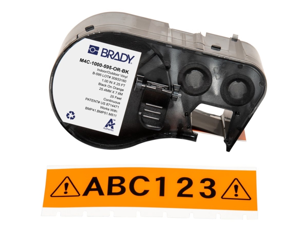 Brady M4c-1000-595-Or-Bk, Black, Orange, Self-Adhesive Printer Label, Continuous Label, Vinyl, Thermal Transfer, Acrylic