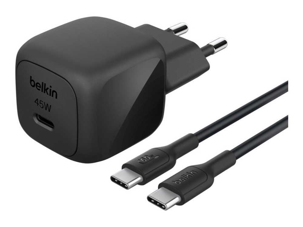 Belkin BoostCharge - Strömadapter - kompakt - 45 Watt - Strömmatning 3.1, Fast Charge (24 pin USB-C) - på kabel: USB-C - med USB-C-kabel (1m) | Tele & GPS - Batteri & Laddare - Laddare | GameStuff