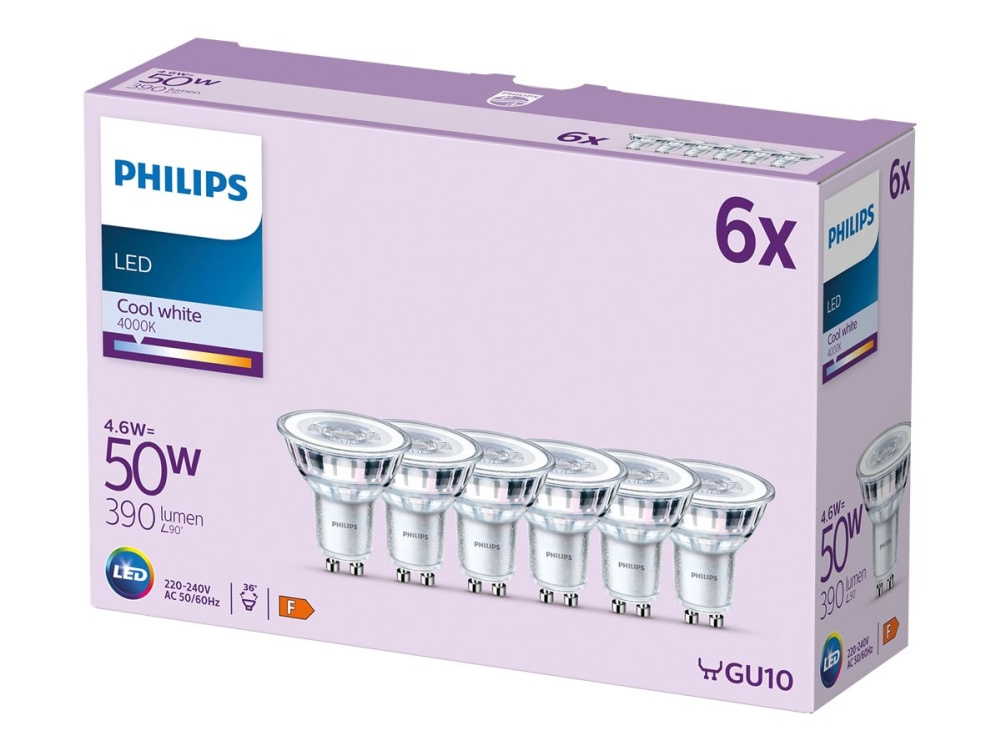 Philips LED Classic - LED-spotlight - klar finish - GU10 - 4.6 W (motsvarande 50 W) - klass F - kallt vitt ljus - 4000 K (paket om 6) | Belysning - Ljuskälla - GU10 Ljuskälla | GameStuff